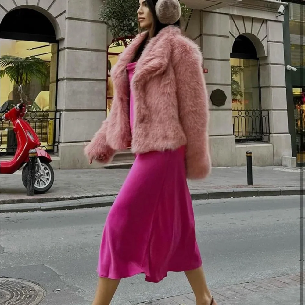 Women's Pink Faux Fur Jacket shaggy faux fur coat_3